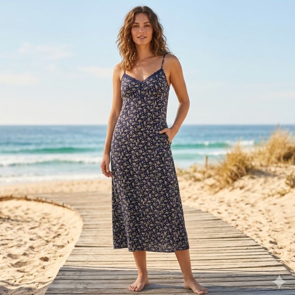 Blu Pepper Navy blue and white Floral Midi Dress L NWOT boho coastal romantic